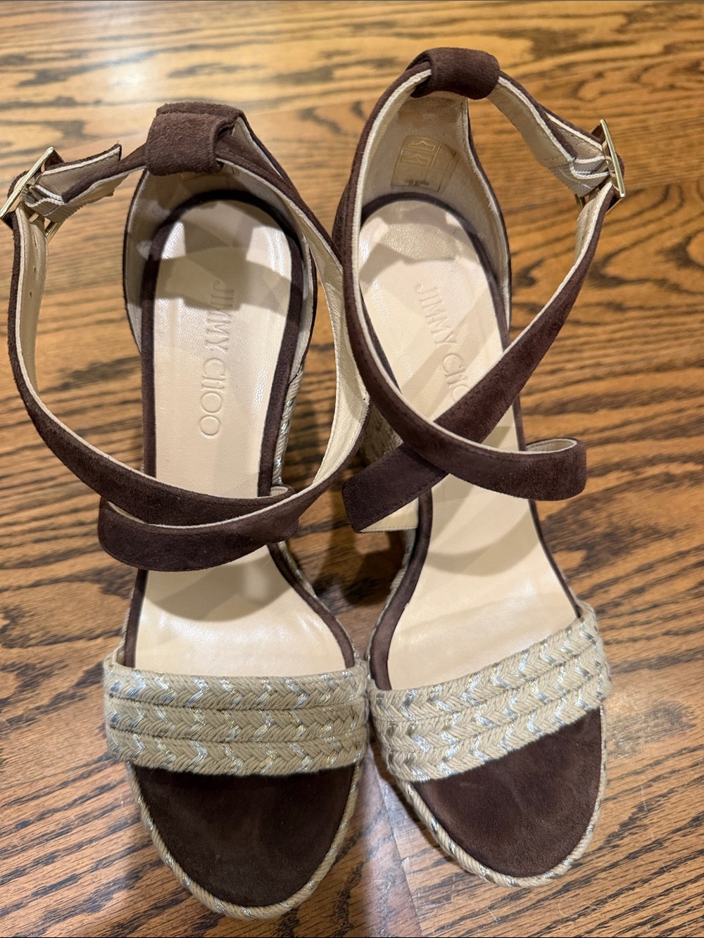 Jimmy Choo Brown Suede & Natural Braided Espadrille Wedges